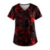 Plus Size Halloween Printed Working Uniform Tops For Women V-Neck Short Sleeve T-Shirts Workwear Tee With Pockets