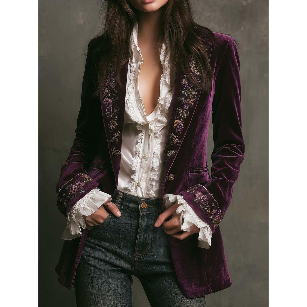 Women's European American Style Solid Color Patchwork Lace Velvet Long Sleeve Coat