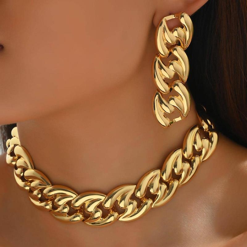 2PCS Set Big Cuban Chain Earring Necklace Set Gold Color Chunky Chain Collares Vintage Choker Drop Earring Jewelry Set