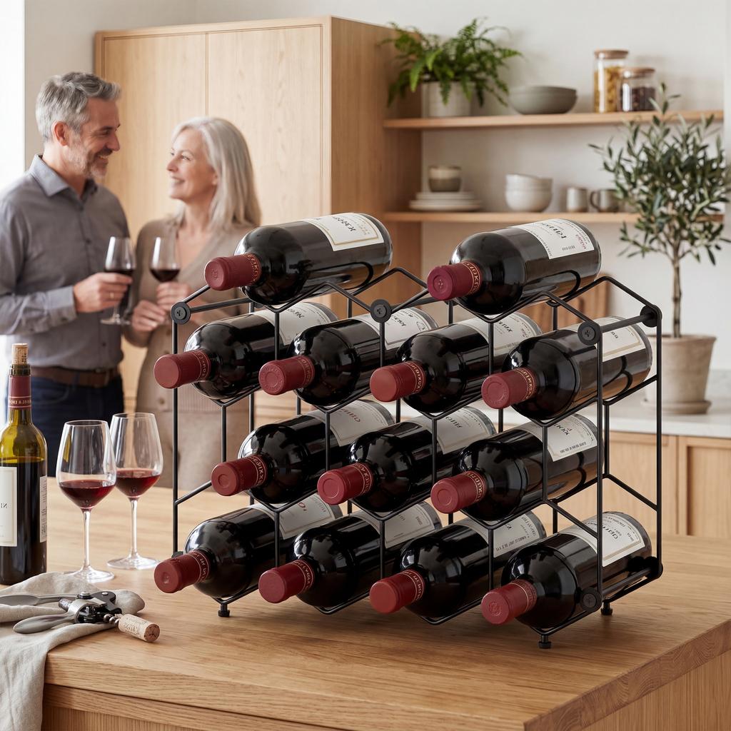 Wine Rack for 13 Bottles Bottle Rack with Honeycomb Design Adjustable Feet Anti-Tip Protection Metal 43 X 15.5 X 31 Cm Black