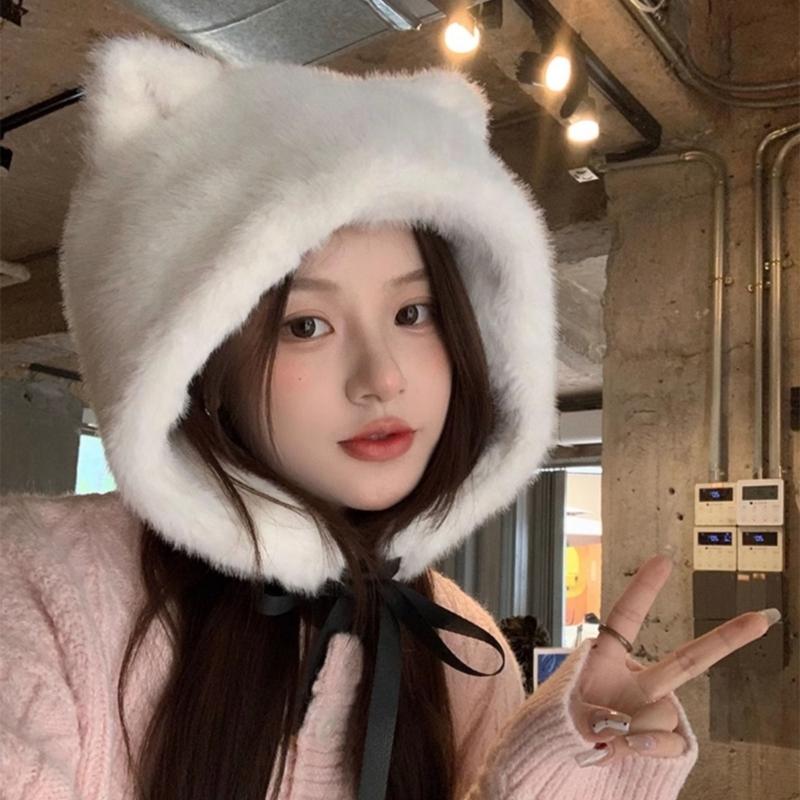 Furry Cartoon Head Cover with Ear for Outdoor Sports Furry Hat with Ear Oversized Headgear Hat for Winter