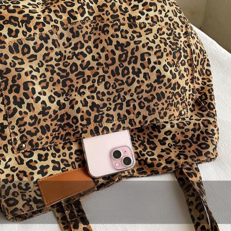 Damen Vintage Schultertasche Leopardenmuster Handtasche Mode Große Kapazität Leinwandtasche Pendler Tragetasche Große Einkaufstasche Damen Tasche Achseltasche