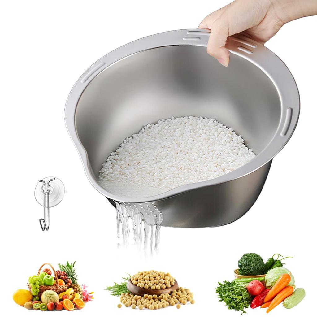 Rice Washing Bowl, Rice Strainer With Pouring Spout, Rice Washing Strainer, Stainless Steel Strainer For Quinoa, Fruit, Cereals, Beans