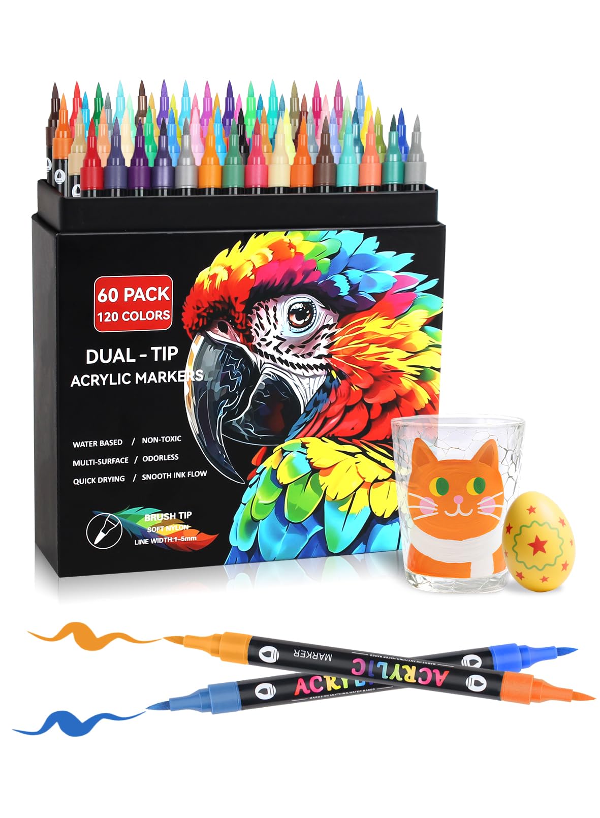 

Acrylic Marker Pen Set, 120 Colors, 60 Pens. Water-based, Non-toxic, Waterproof, Quick-drying, Lightfast. Suitable for use on plastic, glass, ceramics