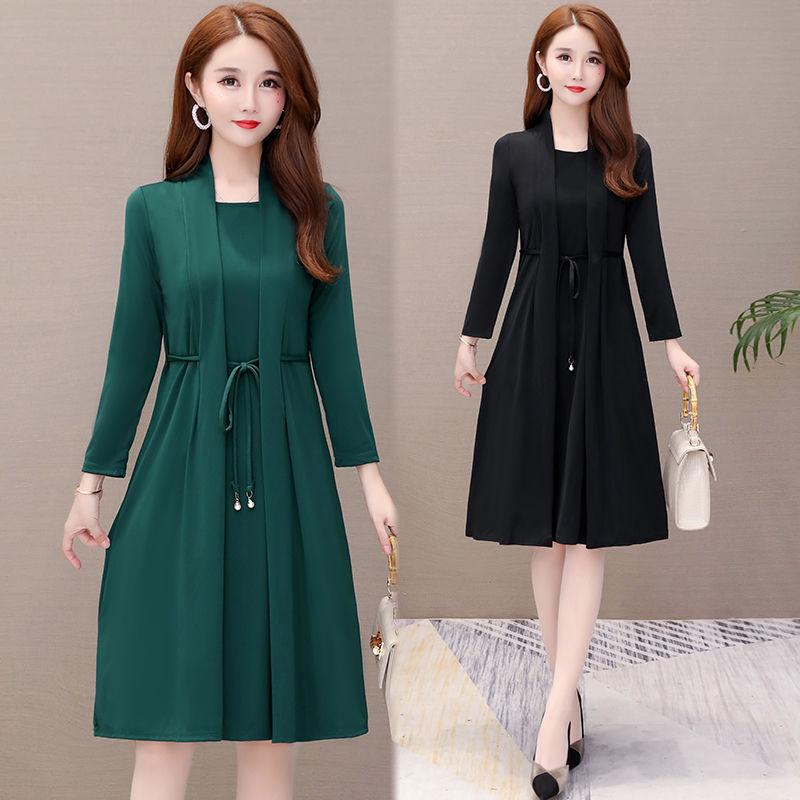 Spring & Autumn Long-Sleeve Two-Piece Dress for Middle-Aged Women - Slim Fit, Medium Length