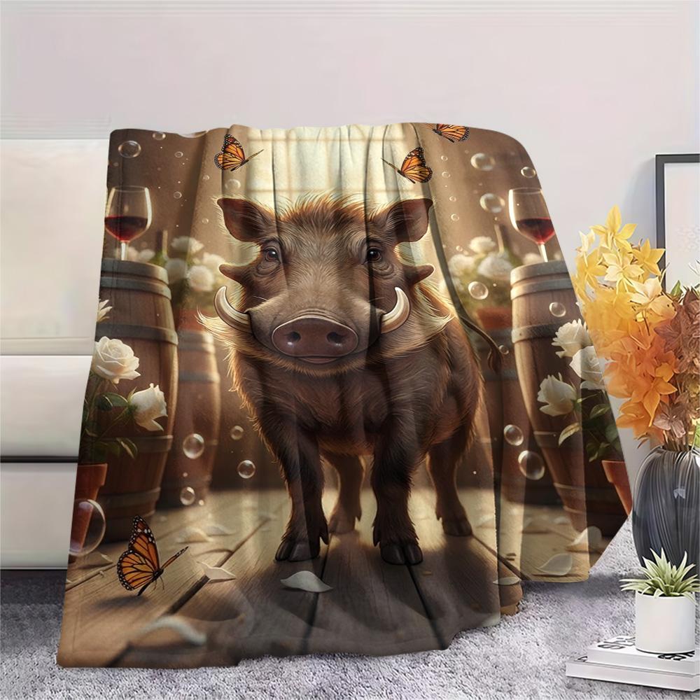 1PC Warthog Print FlAannel Blanket, High quality Comfortable for All Seasons, Home Decor, Warmth and Comfort