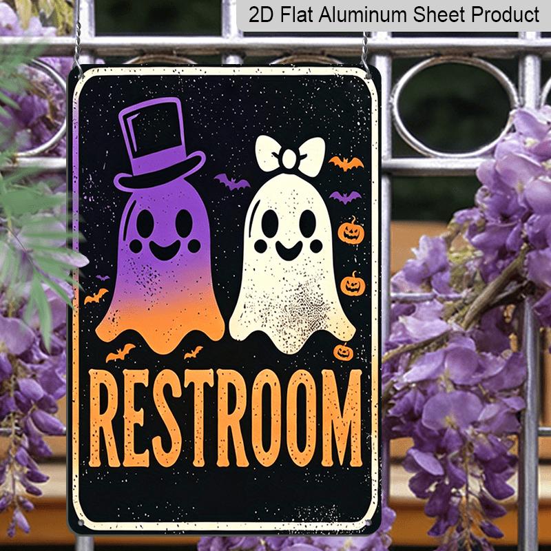 2D Flat, Halloween Restroom Sign - Cute Ghosts with Top Hat & Bow - Rustic Aluminum Bathroom Decor - 8x12 Inches - for Haunted House, Party, Home