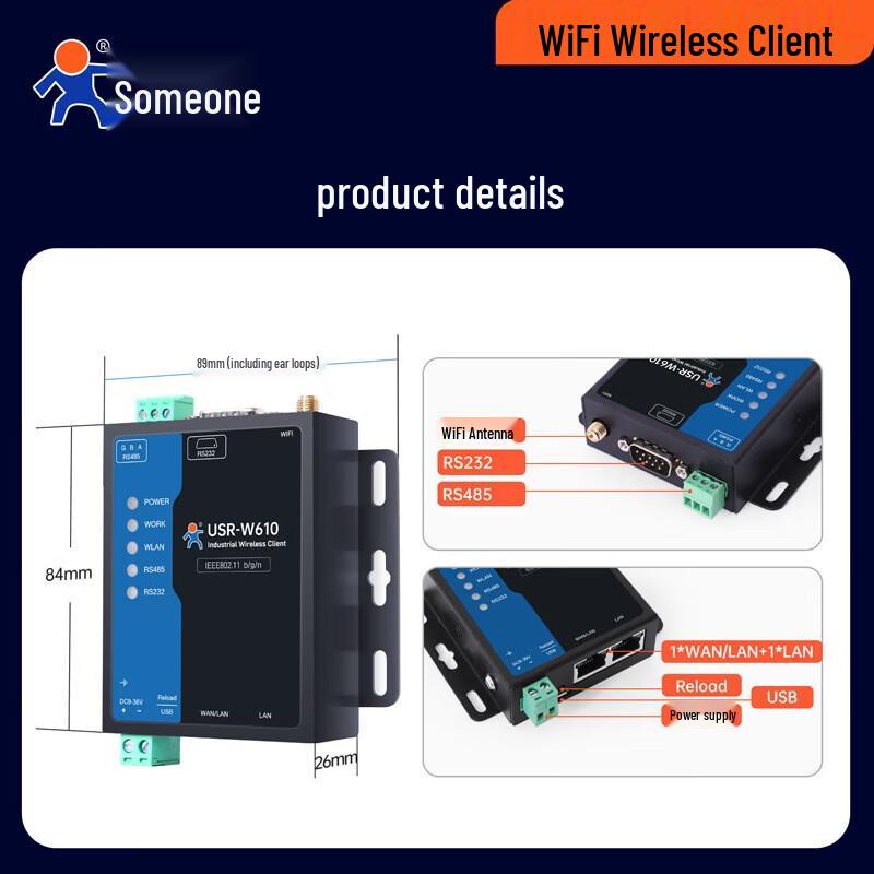 USR-W610S Industrial WiFi Serial Server & Modbus Gateway