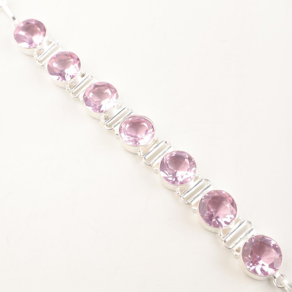 925 Sterling Silver Pink Morganite Gemstone Jewelry Handmade Bracelet9" For Gift RB-7-9