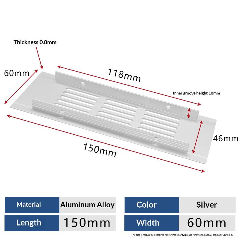 

1Pcs Household Air Vent Grille Wall Ventilation Cover Wardrobe Parts 50/60/80Mm*150-500Mm Aluminum For Cupboard Diy Accessories 60x150mm Silver