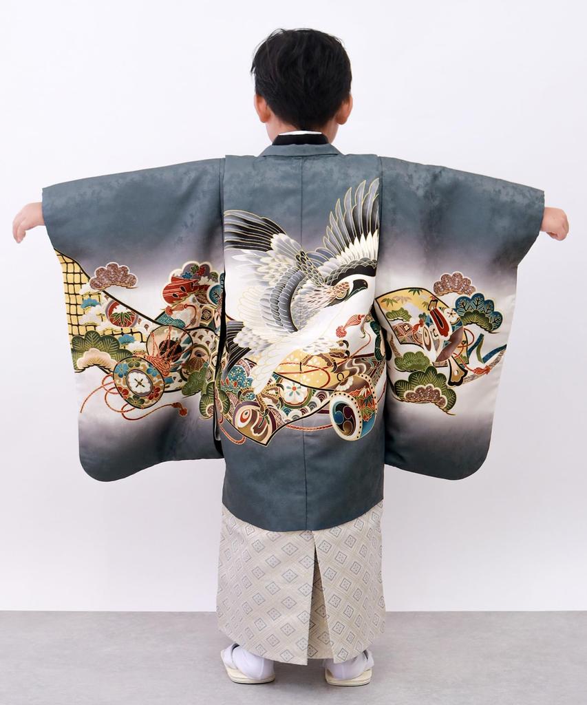 Kimono Full Set and Eba A Hawk Drum Gray Narihira [KYOETSU] 5-Year-Old Boy's Shichi-Go-San Set, (Haori Hakama), 753, ((06) - + Diamond)