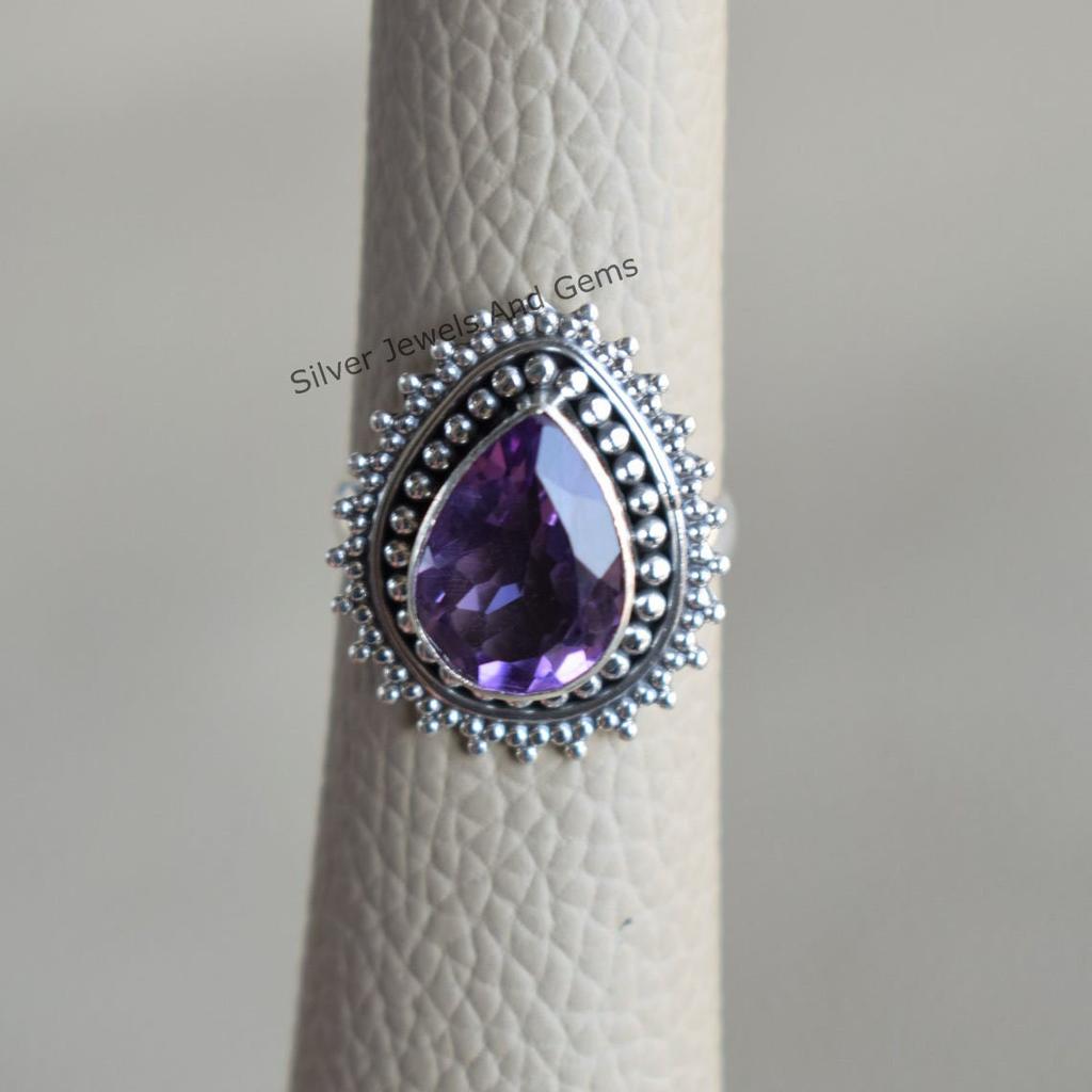 Teardrop Amethyst Ring: Handmade 925 Sterling Silver, February Birthstone
