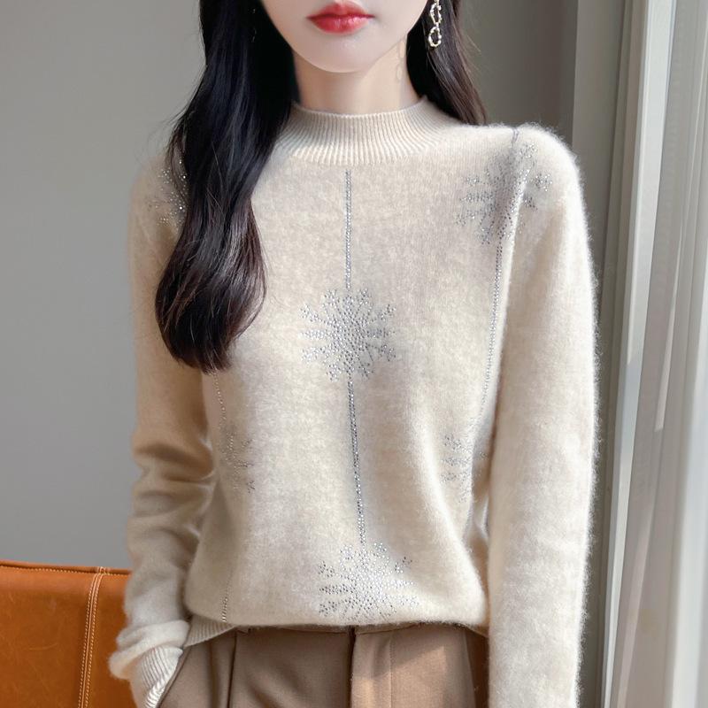 Women S Loose Fit Half Turtleneck Pullover Sweater With Rhinestones