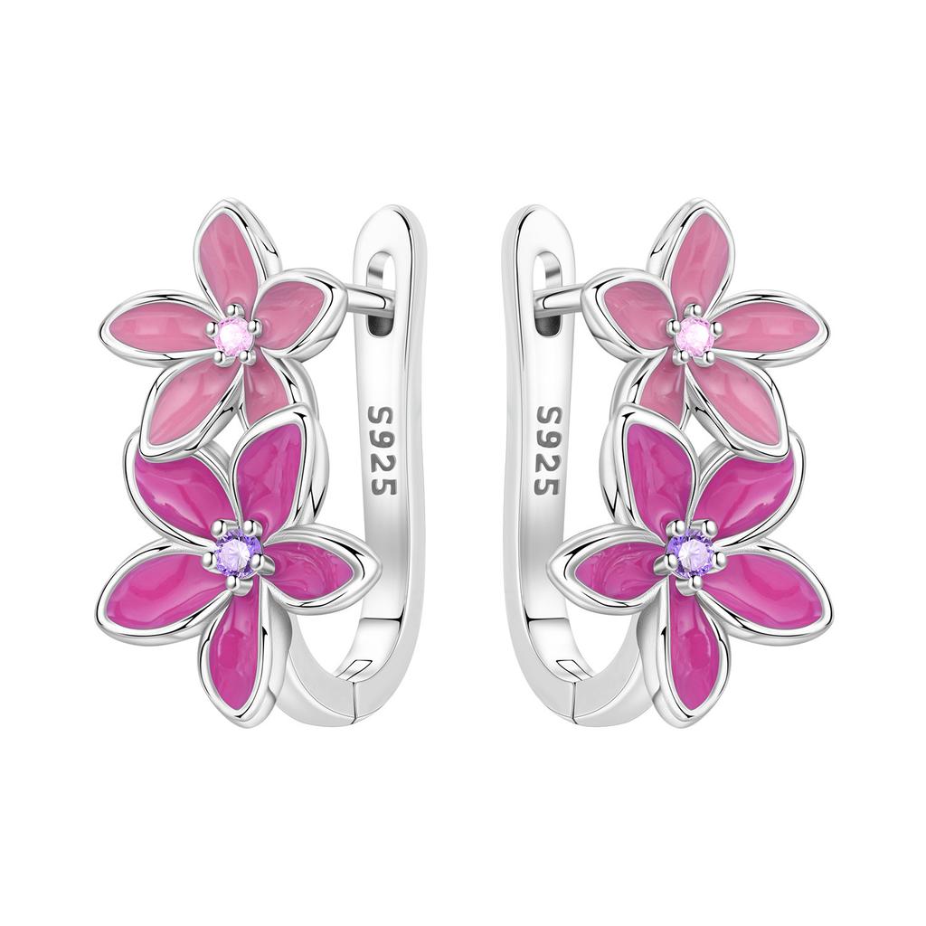 Original NEW S925 Silver Pink Purple Flowers Plants leaf Series Earring Hoop Earrings Women Jewelry Party Gifts