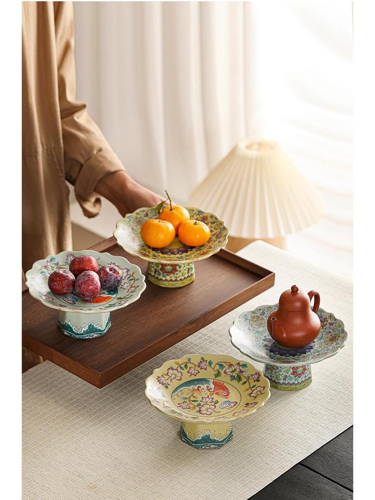 Chinese Ru Kiln Blue and White High-Footed Ceramic Plate for Fruit, Tea, Snacks, Pastries, and Living Room Decor