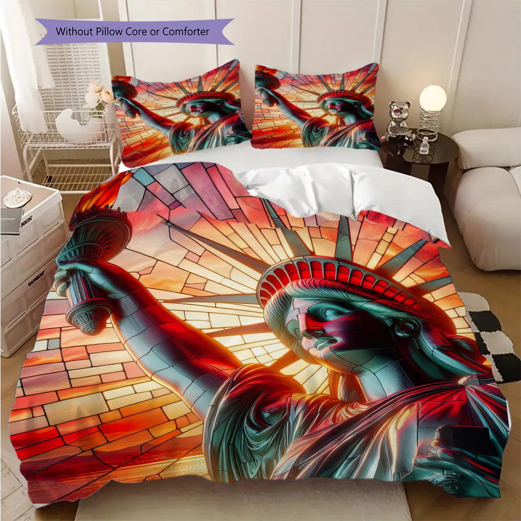 Patriotic Theme Statue of Liberty Bedding, Duvet Cover, Pillowcase, Home Decoration, Birthday Gift (1 * Duvet Cover+2 * Pillowcase, Coreless)