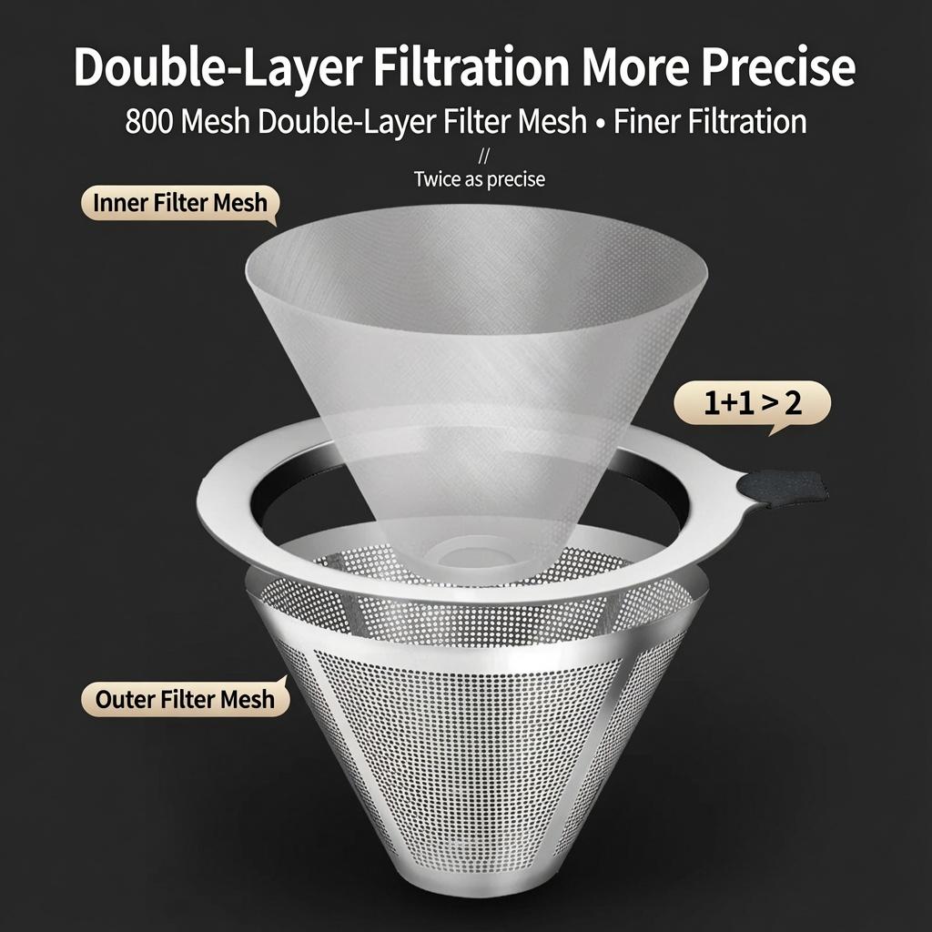 Doppellagiger Kaffee-Filter-Dripper aus Edelstahl, 600/800 Maschen, Feinsieb mit hitzebeständigem Griff für Handaufguss-Kaffee