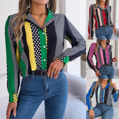 Camisa de Manga Larga con Cuello de Traje de Lunares Contrastantes, Temperamento para Viajes de Primavera y Verano