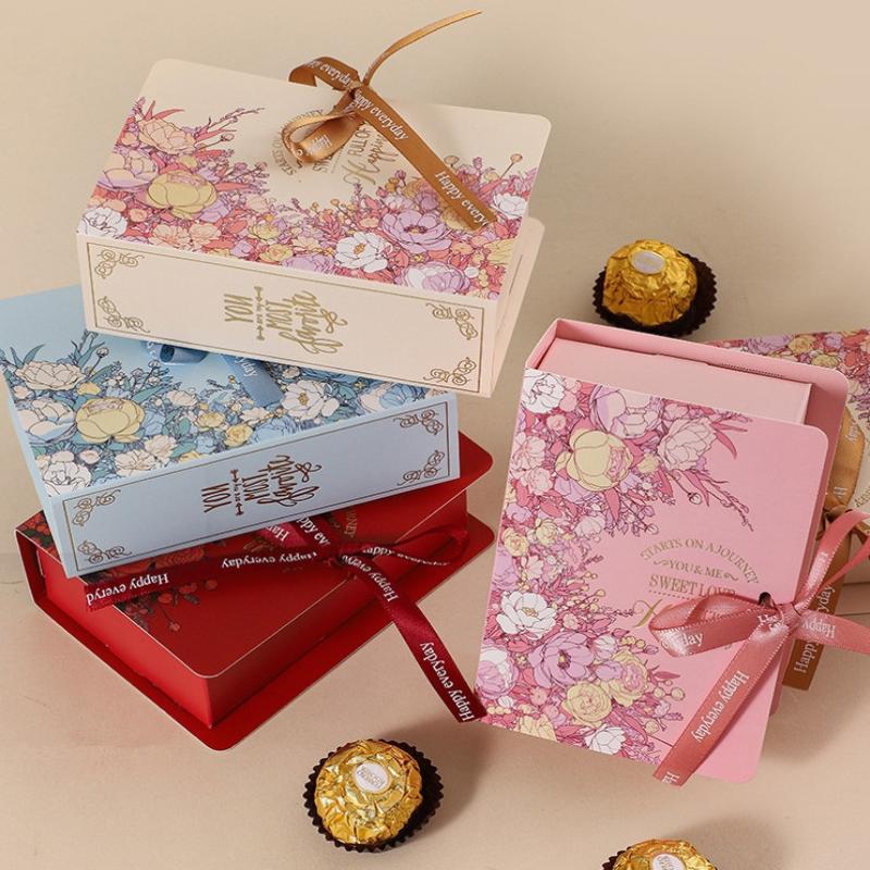 5Pcs Book Shape Gift Box Ith Ribbon Paperboard Candy Chocolate Present Packaging Box For Party, Wedding, Birthday Party Gift Box
