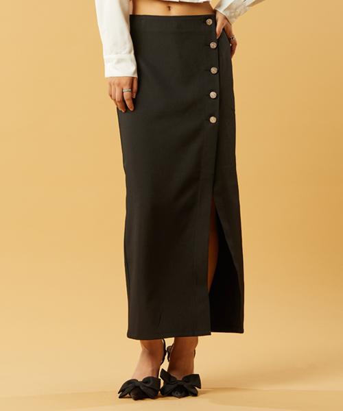 Collet Layered Snap Slit Long Skirt [Black]