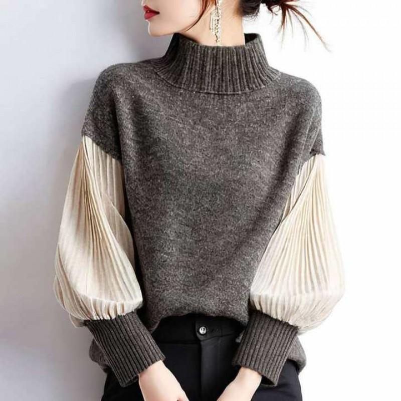 Japanese Casual 2026 Fall Winter Stand Collar Knit Top Contrast Color Pleated Sleeve Sweater