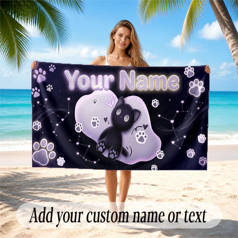 Cat Theme Soft Beach Towel Personalized Custom Name Text Towel Portable for Beach Pool Travel