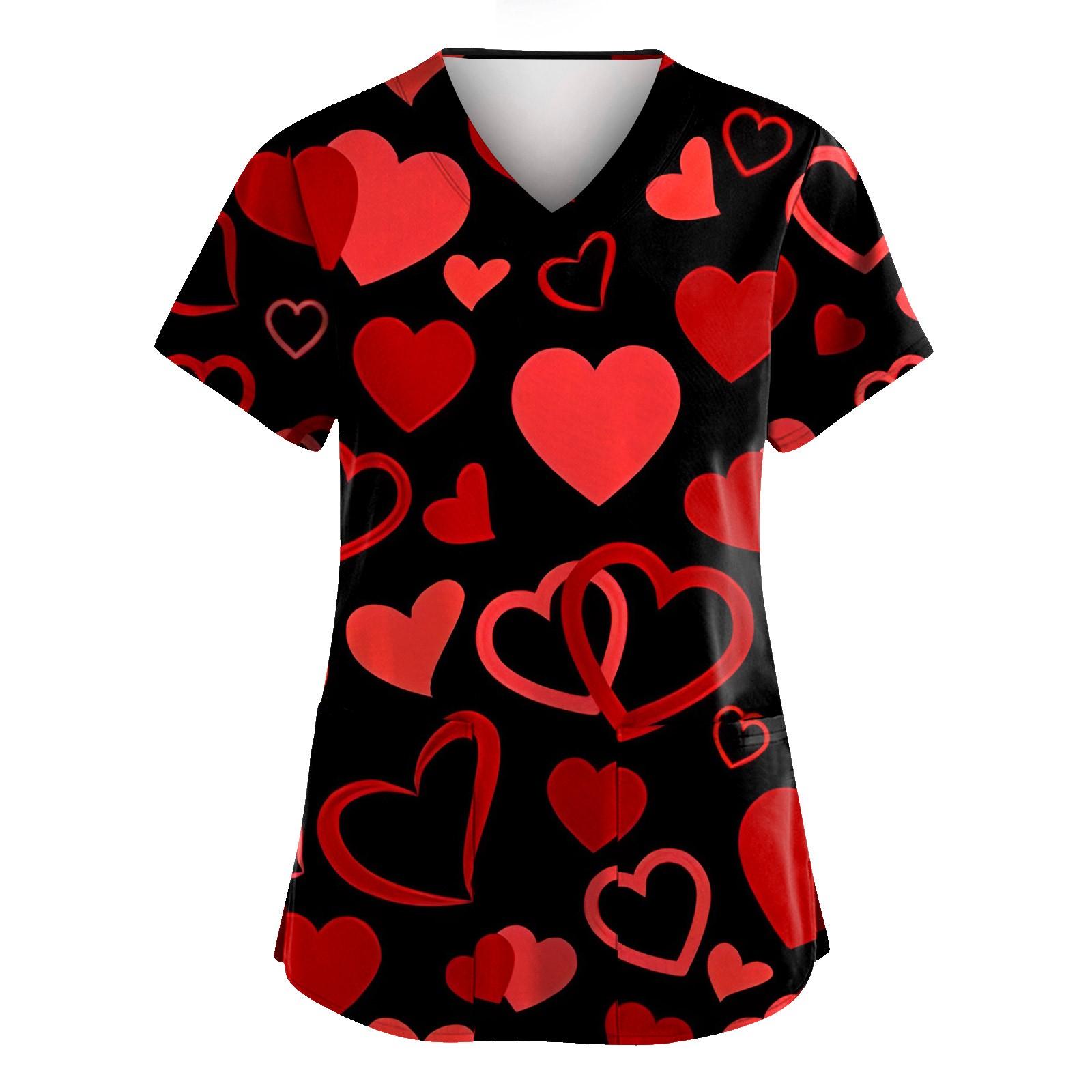 

Женская униформа с принтом ко Дню святого Валентина, свободная, с V-образным вырезом, карманом и коротким рукавом XXXXXL винный