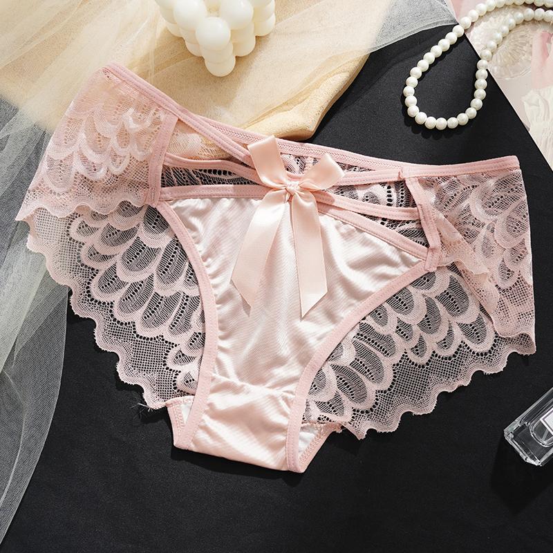 Bowknot Hollow Lace Panties for Women Satin Pure Cotton Crotch Breathable Sexy Mid-waist Women Briefs Underwear Knickers