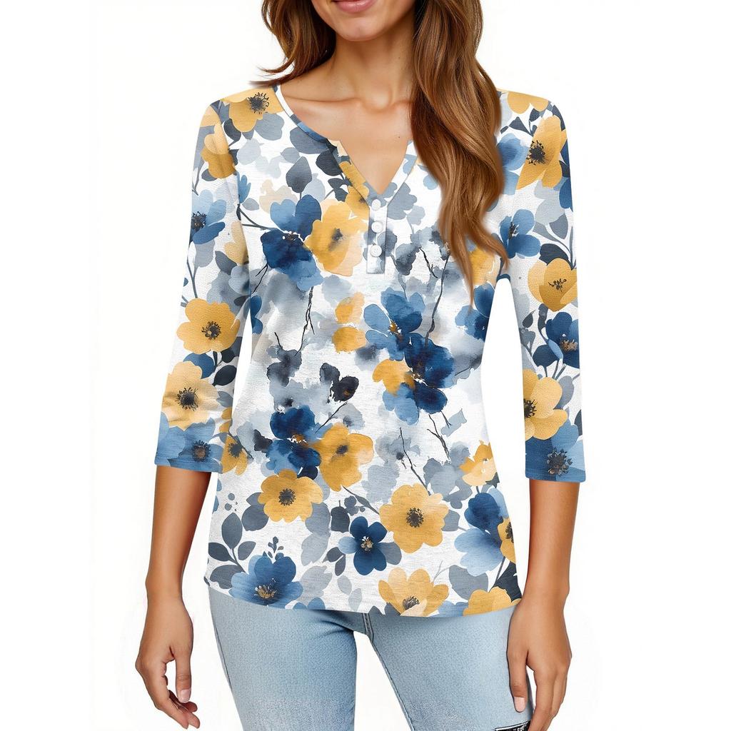 Dámské tričko s potiskem, knoflíky, 3/4 rukávy, pro každý den, na víkend, módní, základní, s výstřihem do V, běžný top