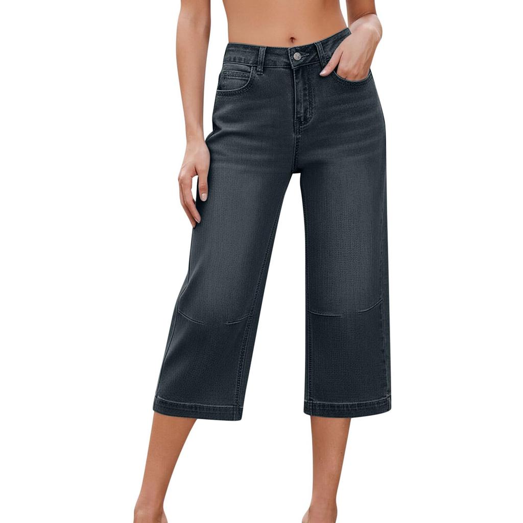 Capris Jeans Femininos de Cintura Alta Jeans Cropped Casual de Perna Larga Com Bolsos