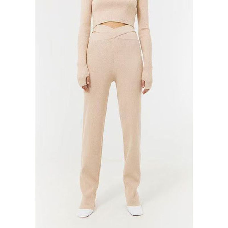 

Sunshine House Spring New Arrival Export European and American plus Size Women s Clothes Cross Belt Design Knitting Loose Pants Pants Apricot M/L: Waist 80-90