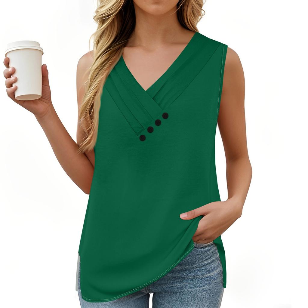 Women's Solid Color Vest Summer Button-down V-neck T-shirt Sleeveless Loose Fashion Top