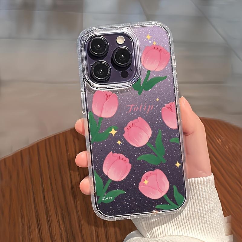 Tulip oil painting is suitable for Apple 13 14 mobile phone case 16promax large hole glitter case XS transparent 11 cute 1