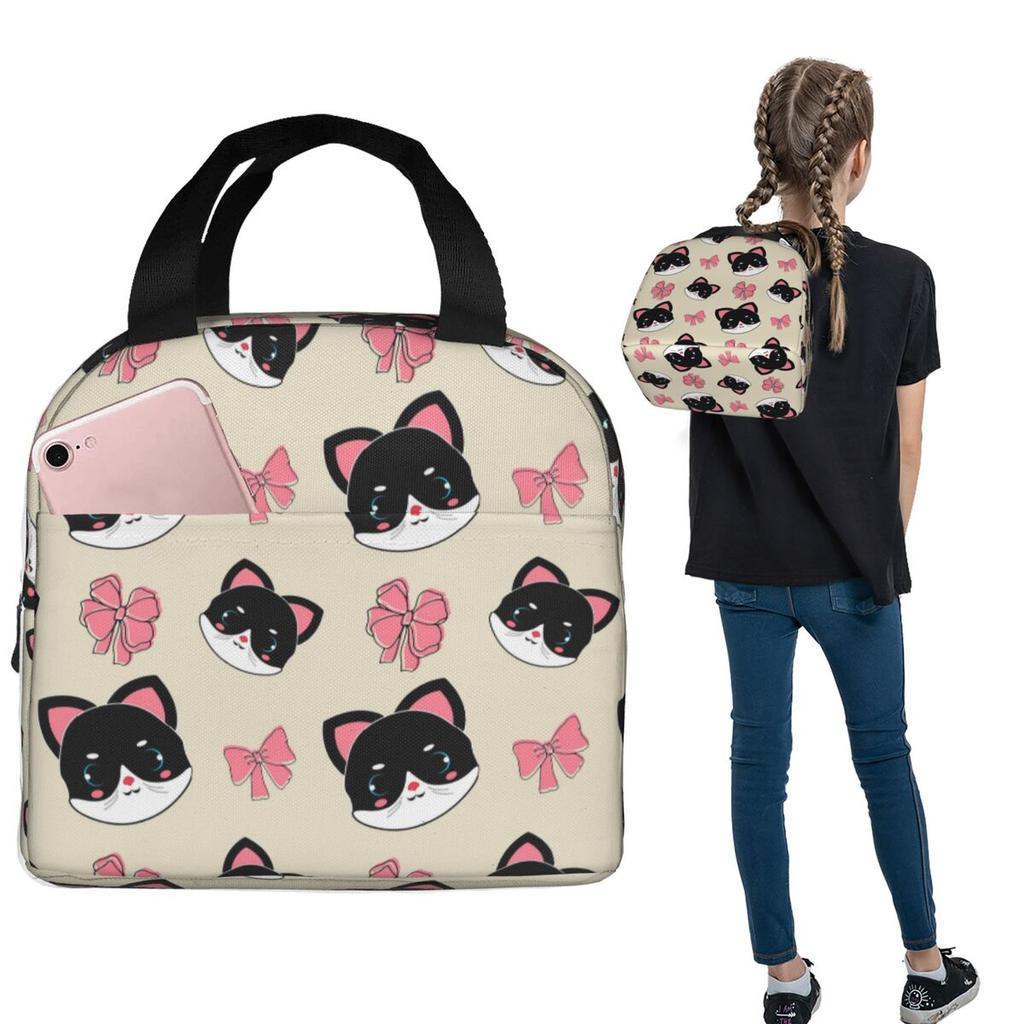 Cute Kitten With Bow Pattern Insulated Lunch Bag for Women Children Portable Food Boxes Thermal Lunch Box Tote