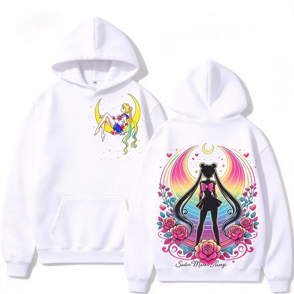 2026 Autumn Sailor Moon Tsukino Usagi Rainbow Floral Print Hoodie Men Women Hip Hop Gothic Oversized Sweatshirt Perfect for Commute & Loungewear