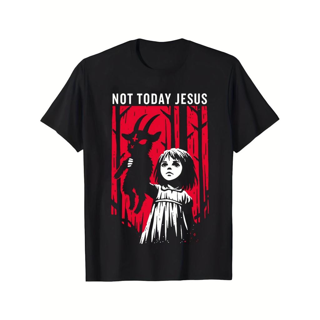 Men'S Gothic Graphic T-Shirt - _Not Today Jesus_ with Distressed Red Print Casual Round Neck Tee for Outdoor & Family Wear Gothi