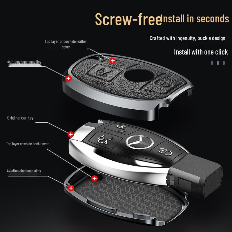 Husă metalică din piele naturală pentru cheie pentru Mercedes-Benz C-Class, E-Class, GLC300L, 260L, E300L, E200