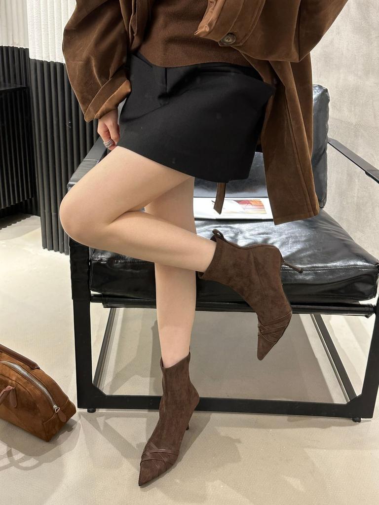 Korean pointed high-end thin-heeled high-heeled short boots women's 2025 new autumn and winter single boots belt buckle elastic thin boots