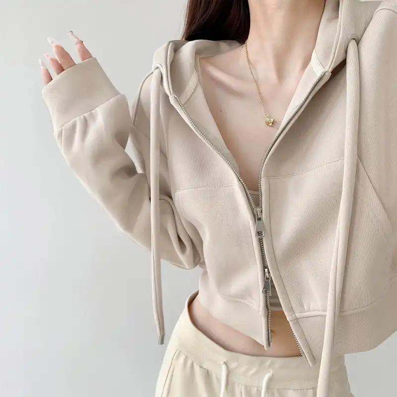 

Women Beige Hooded Full Zip Cropped Long Sleeve Sweatshirt S бежевый