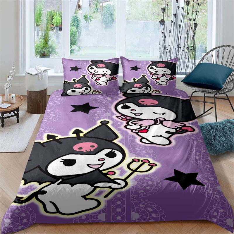 3D Printed Kuromi Cartoon Three-piece Bedding Set, Duvet Cover Set, Includes Pillowcases, No Filling.