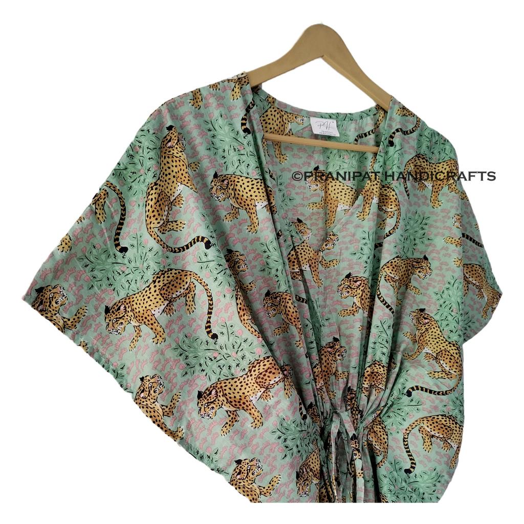 Indian Mint Green Bagheera Tiger Print Cotton Maxi Women Nightwear Caftan Dress CKFTN-SCRN-FULL-BUYIT-013