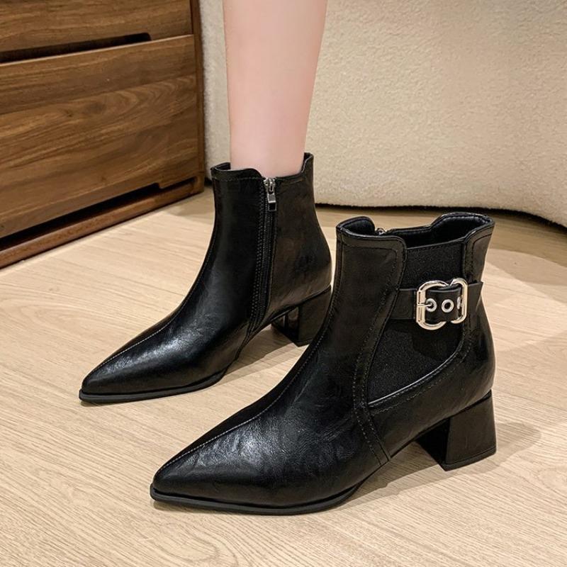 Autumn and winter new short boots women's pointed thick heel belt buckle short boots medium heel elastic short boots