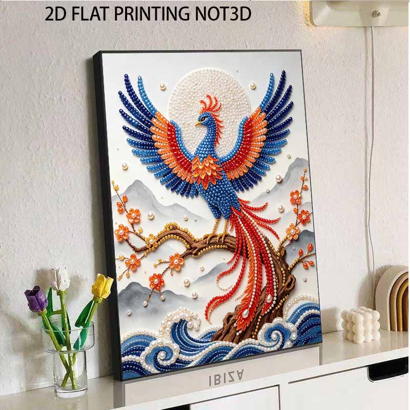 DIY Framed Pearl Painting Kit Phoenix Bird Motif 3D Sparkling Bead Art Canvas Ready to Display Home Decor Gift Craft Projects Wall Art Decoration