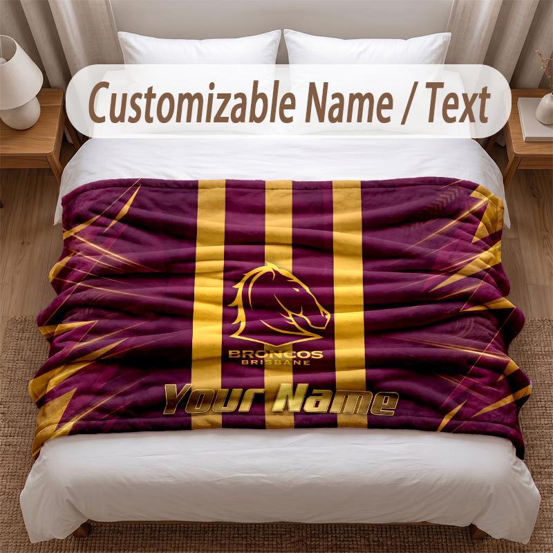 Brisbane Broncos Printed Flannel Blanket Custom Name Text Soft Warm Throw For Bedroom Holiday Gift