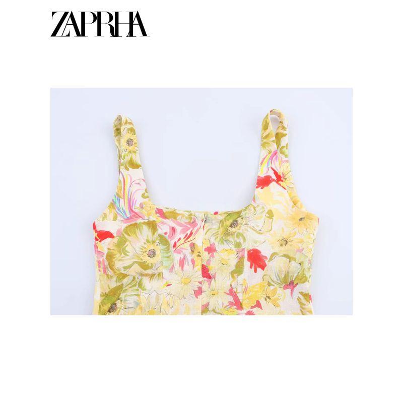 Zaprha 2025 New Arrival Elegant Graceful Linen Blended Printing Slip Dress Waist-Tight Slim Looking 3292175