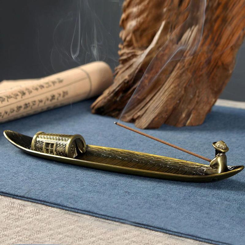 1Pc Vintage Bronze Small Incense Burners Ornaments Bamboo Raft Incense Base Incense Stick Holder Stand Tray Ash Catcher Plate