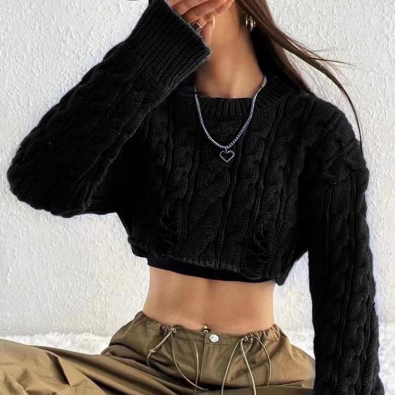 

Осенне-зимние облегающие свитера с круглым вырезом, женские свитера с длинным рукавом, обнажающие пупок, сексуальный укороченный свитер, женская мода, уличный вязаный джемпер 26055 One Size чёрный