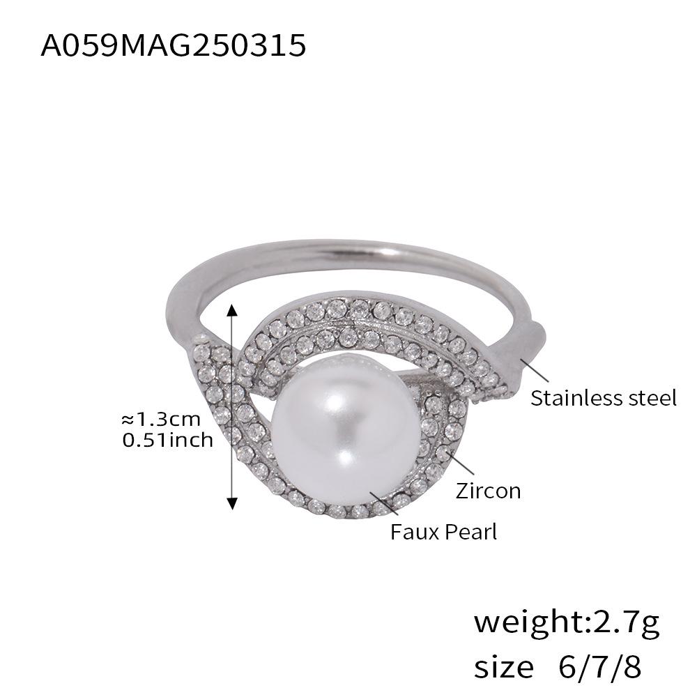 Qiong Yao Double Layer Zirconia & Diamond Faux Pearl Adjustable Ring - Colorfast Design Size 7