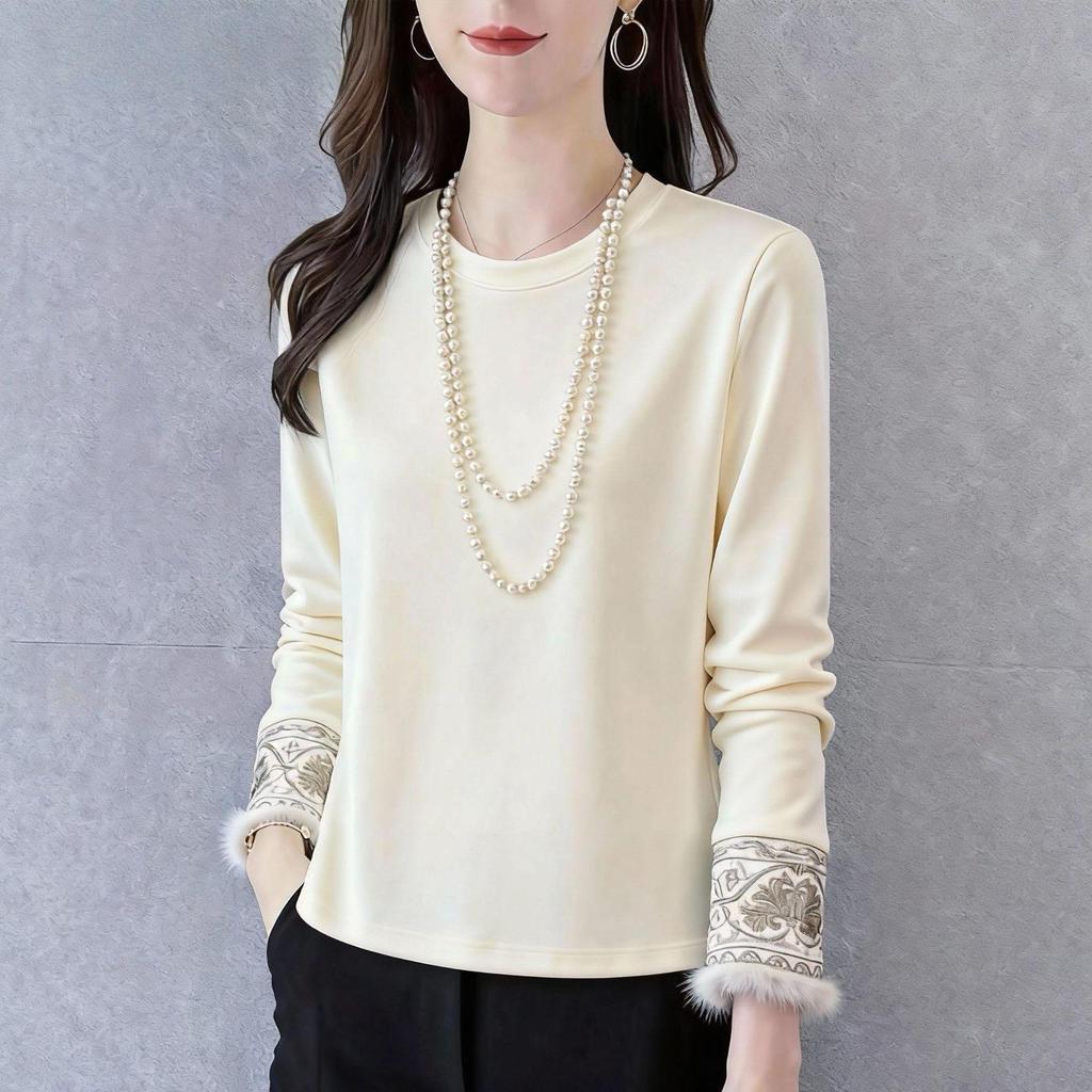 Women's Heavy Embroidery Thermal Long-Sleeve Top, Plus Size Warm Base Layer Shirt, New Autumn/Winter Chinese-Style