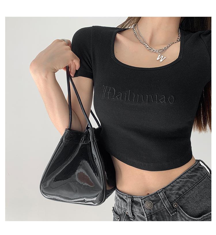 

American retro letter embroidered slim-fit bottoming shirt square neck low-cut clavicle short-sleeved T-shirt open-button high-waisted top S чёрный